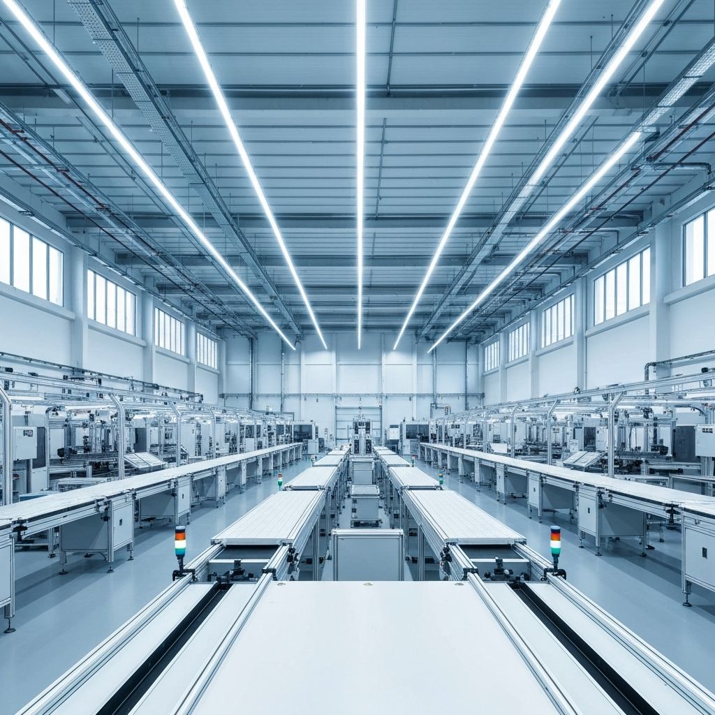 Large manufacturing facility interior with LED lighting and modern equipment