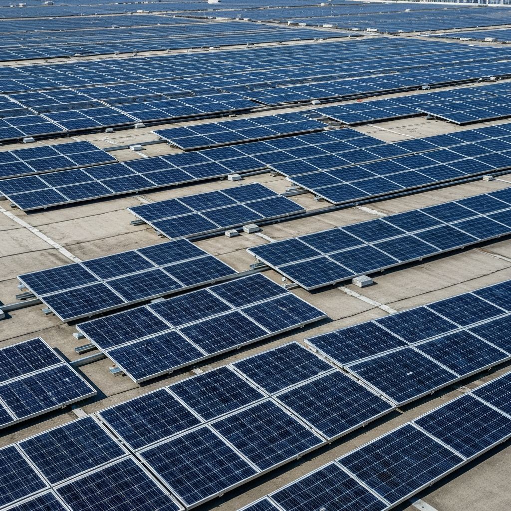 Large-scale solar panel installation on industrial manufacturing facility rooftop